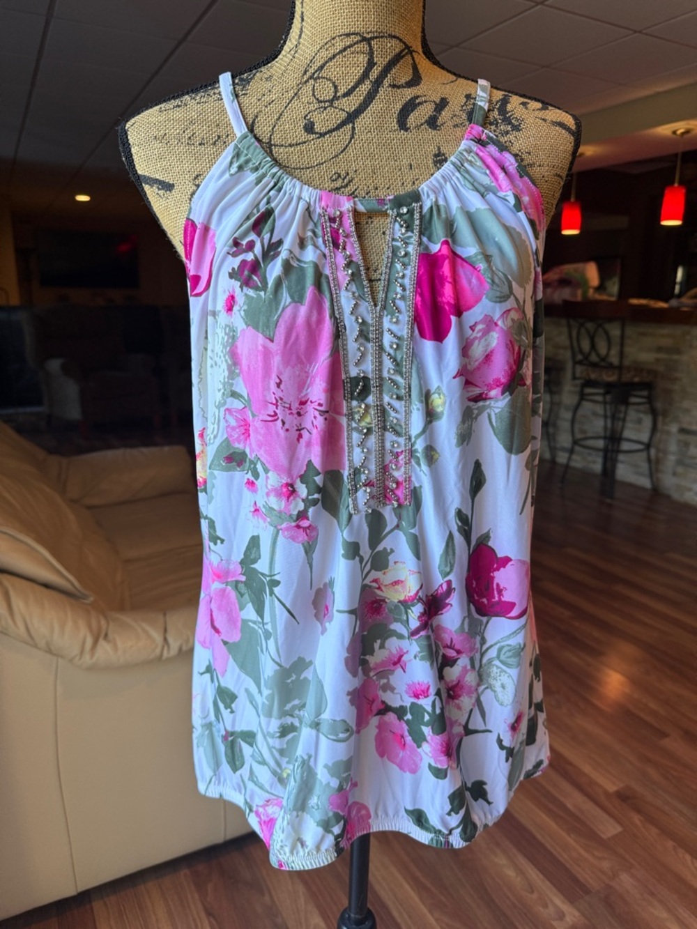 INC size large floral top with beaded neckline and keyhole closure on back